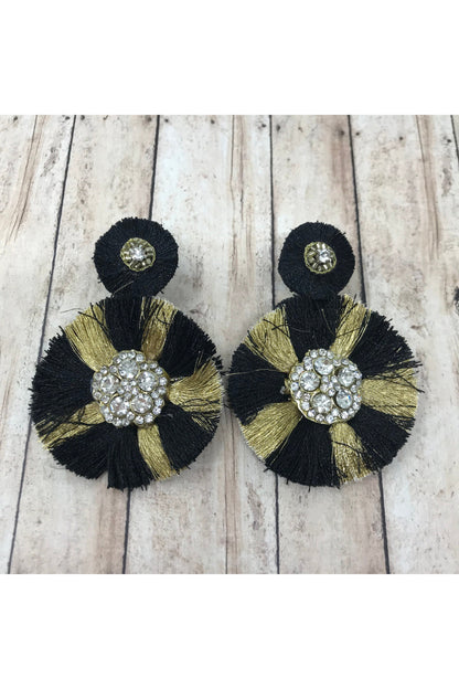 Black and Gold Round Tassel Rhinestone Earrings