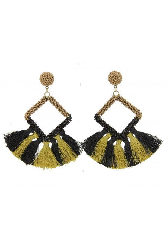 Black and Gold Tassel Seed Bead Earrings