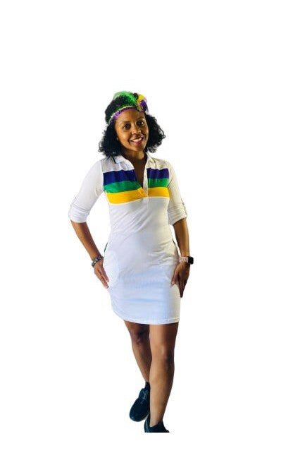 Mardi Gras Ladies White Dress W/Purple, Green and Gold Stripes