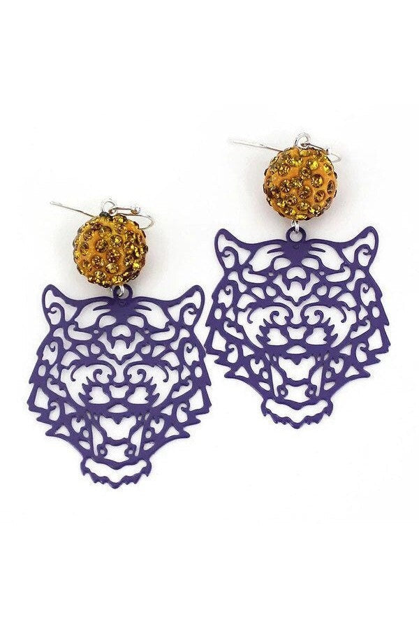 LSU Tiger Face Filigree Earrings With Gold Crystal Ball