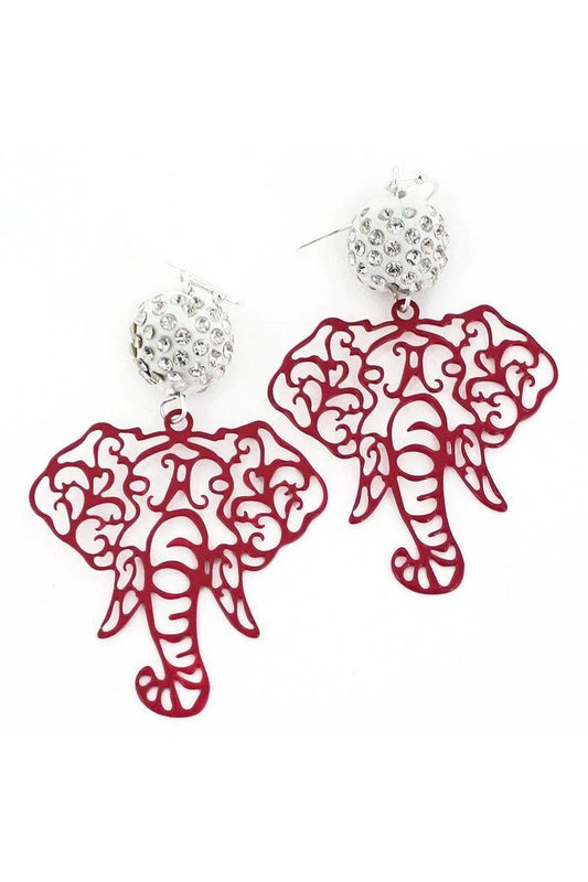 Crimson Filigree Elephant Earrings W/White Crystal Ball