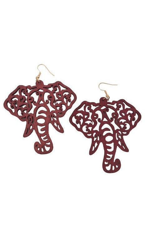 Large Maroon Burgundy Wooden Elephant Earrings