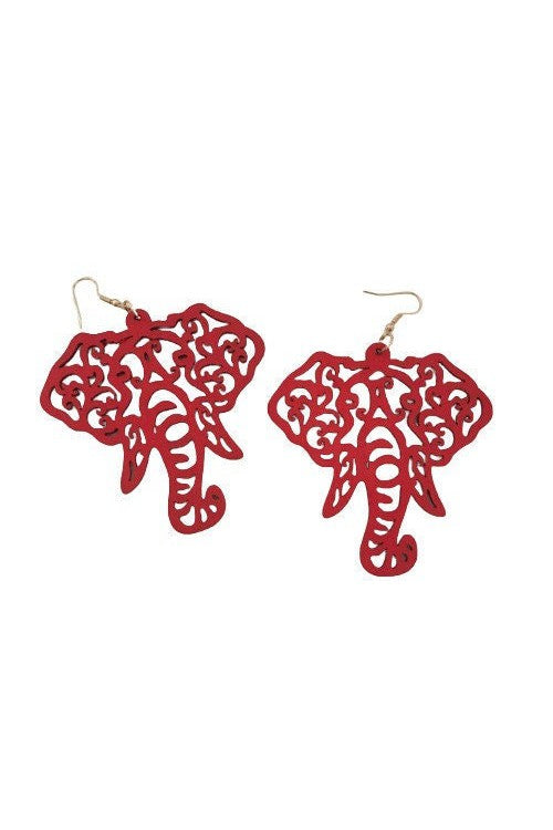 Large Red Wooden Elephant Earrings