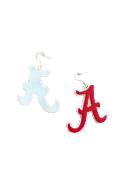 Red and White Alabama Script A Earrings