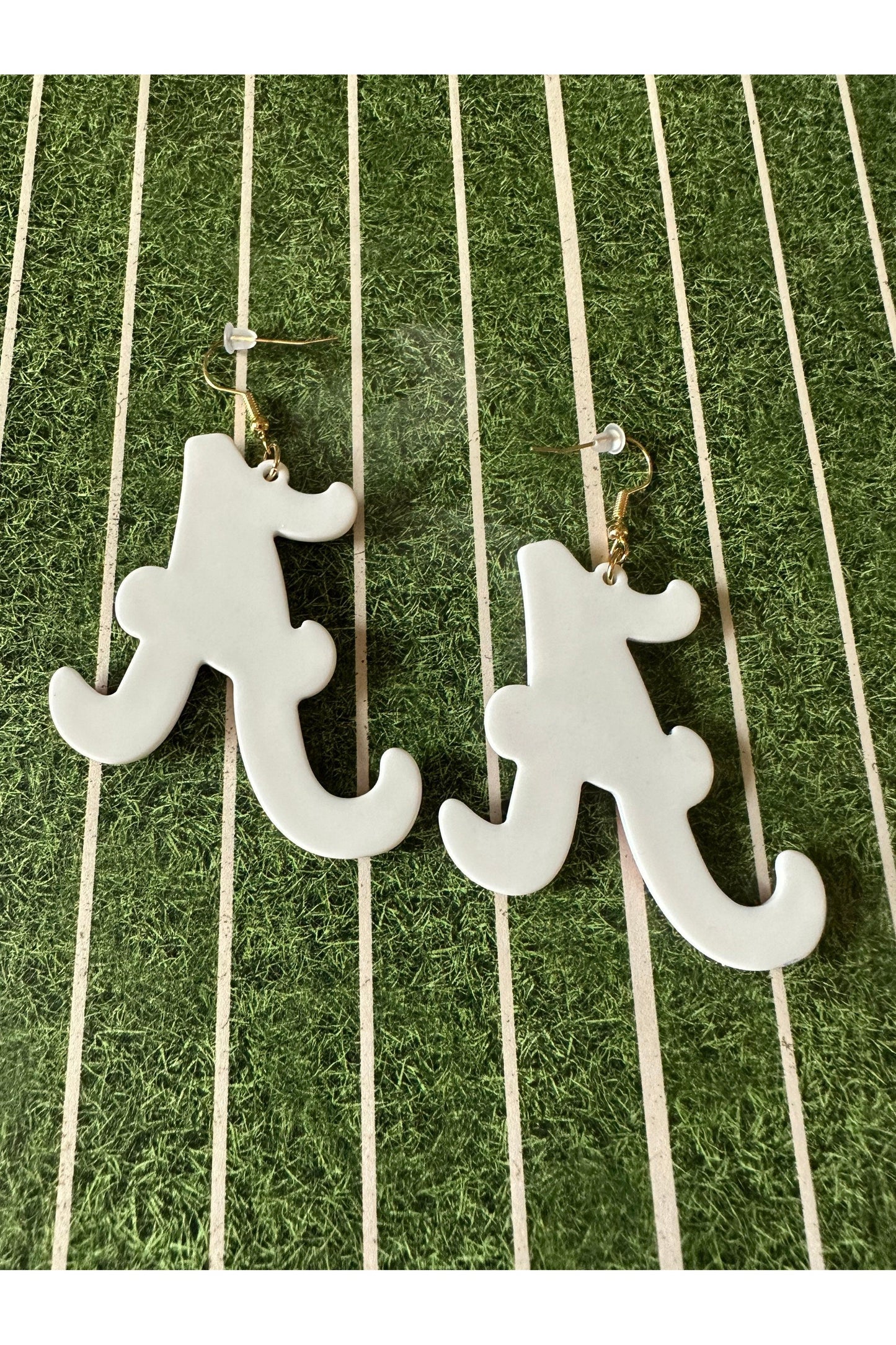 Red and White Alabama Script A Earrings