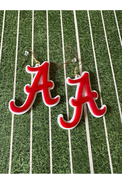 Red and White Alabama Script A Earrings