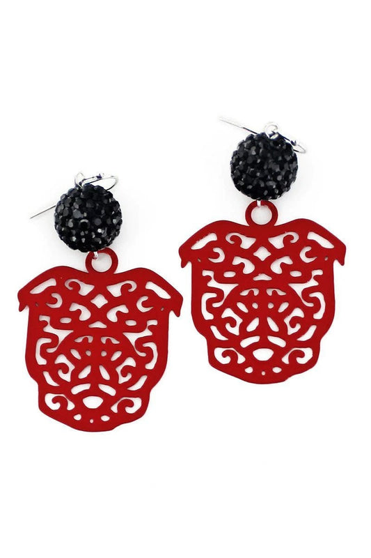 Red Bulldog Face Filigree Earrings With Black Crystal Ball~Game Day Earrings~Gift for Her