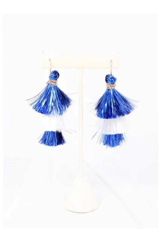 Blue and White Shimmer Tassel Earrings