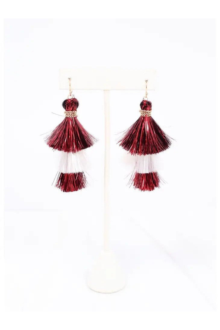 Crimson and White Shimmer Tassel Earrings