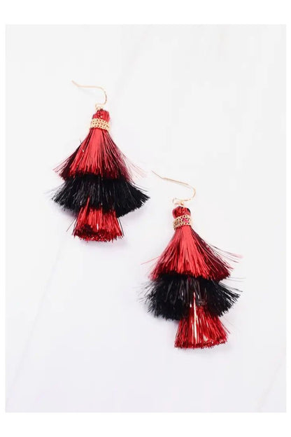 Red and Black Shimmer Tassel Earrings