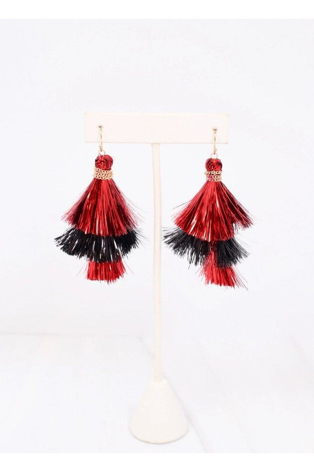 Red and Black Shimmer Tassel Earrings