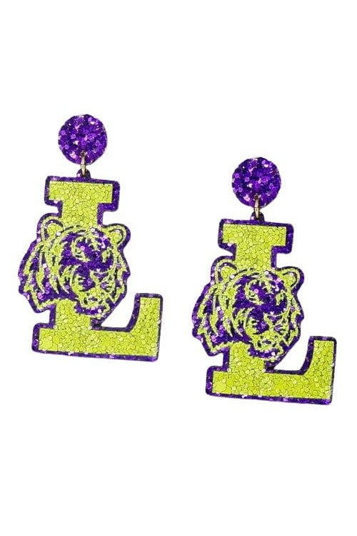 LSU Glitter Tiger Face Earrings